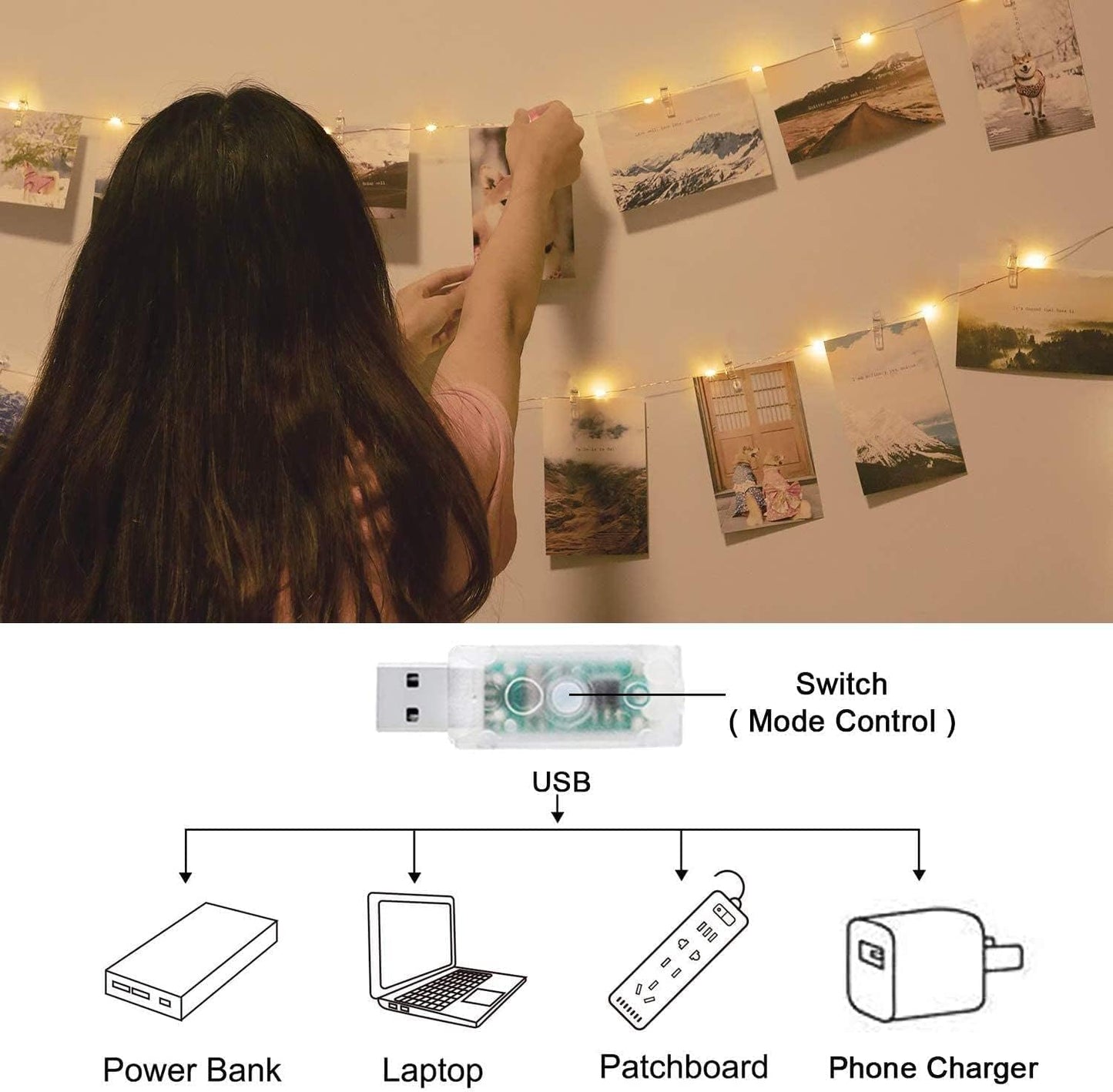 2-Pack Fairy Lights with Clips, 240 LEDs, 40 Photo Clips, USB, 39ft - Decor for Any Room