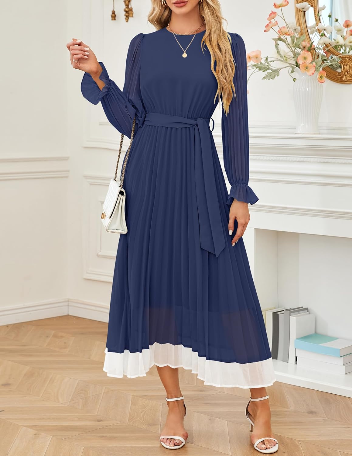 Dark Blue Medium Women's Long Sleeve Chiffon Midi Dress with Pleated Skirt and Detachable Belt