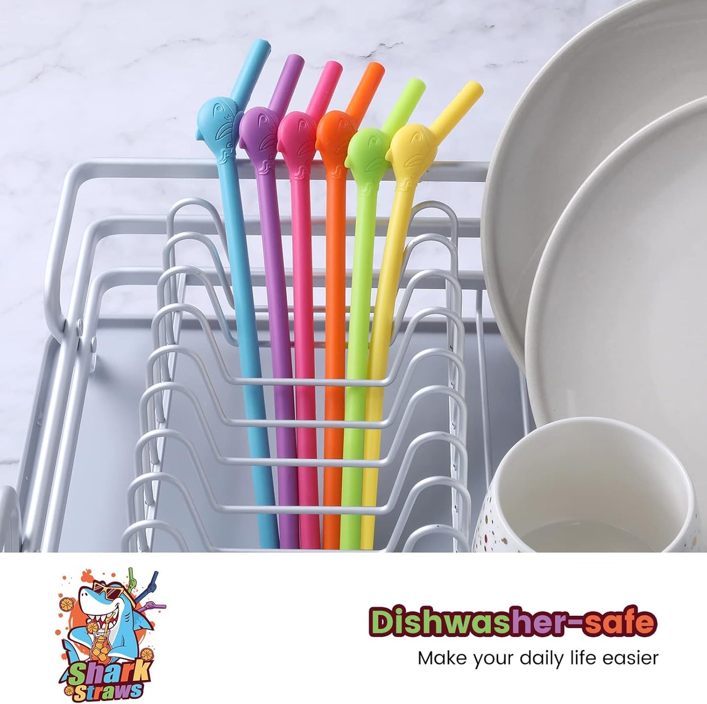 3-Pack Reusable Silicone Shark Straws - BPA Free, Extra Long 10" for 20-40oz Tumblers, Dishwasher Safe