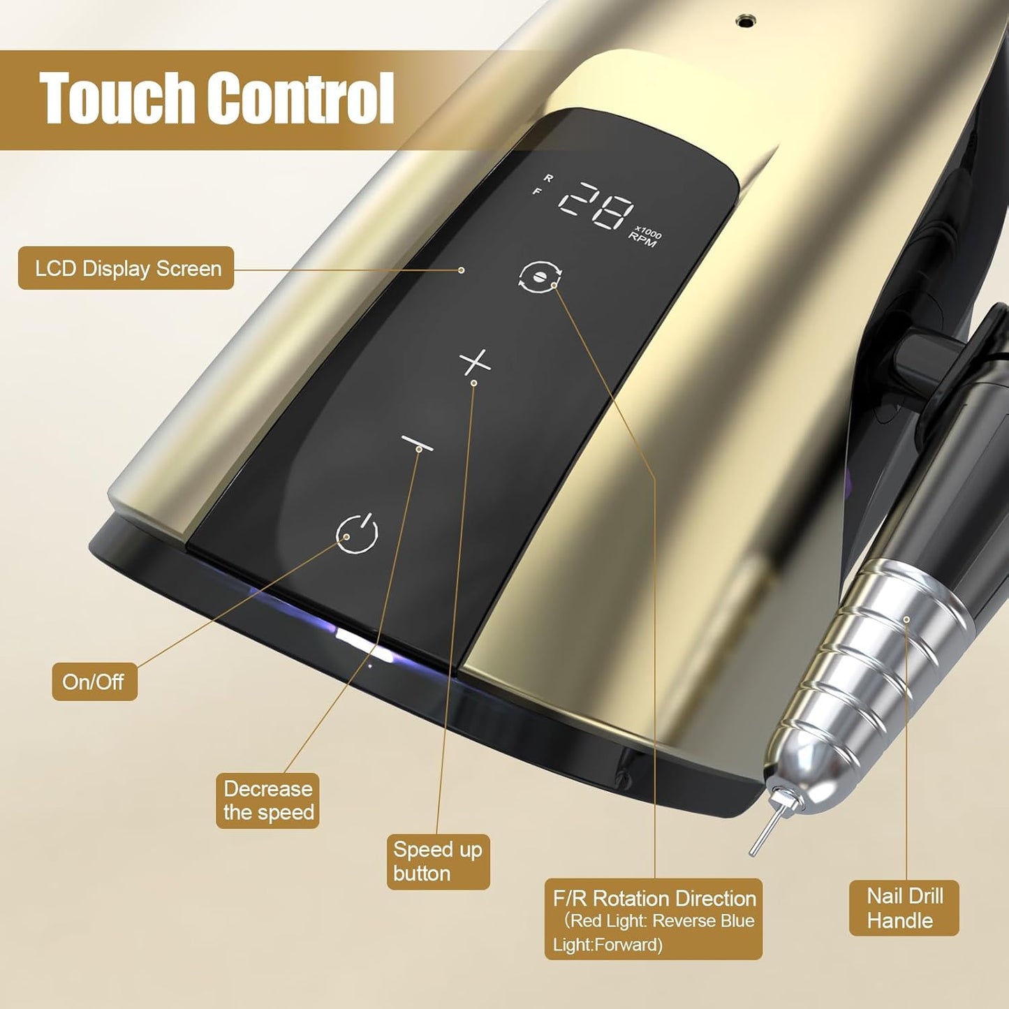 Gold 35,000 RPM Professional Electric Nail Drill Machine for Acrylic & Gel Nails