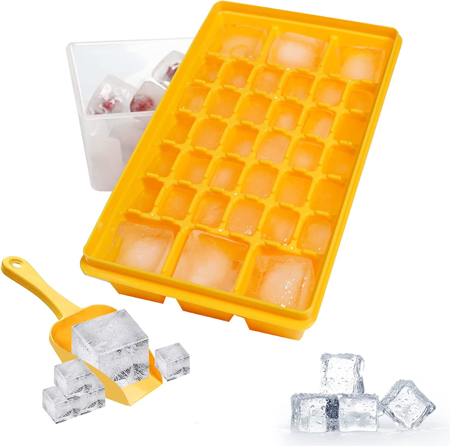 Yellow 36 Slot (6 Large, 30 Small) Ice Cube Tray w/ Lid, Bin, Scoop, & Cover