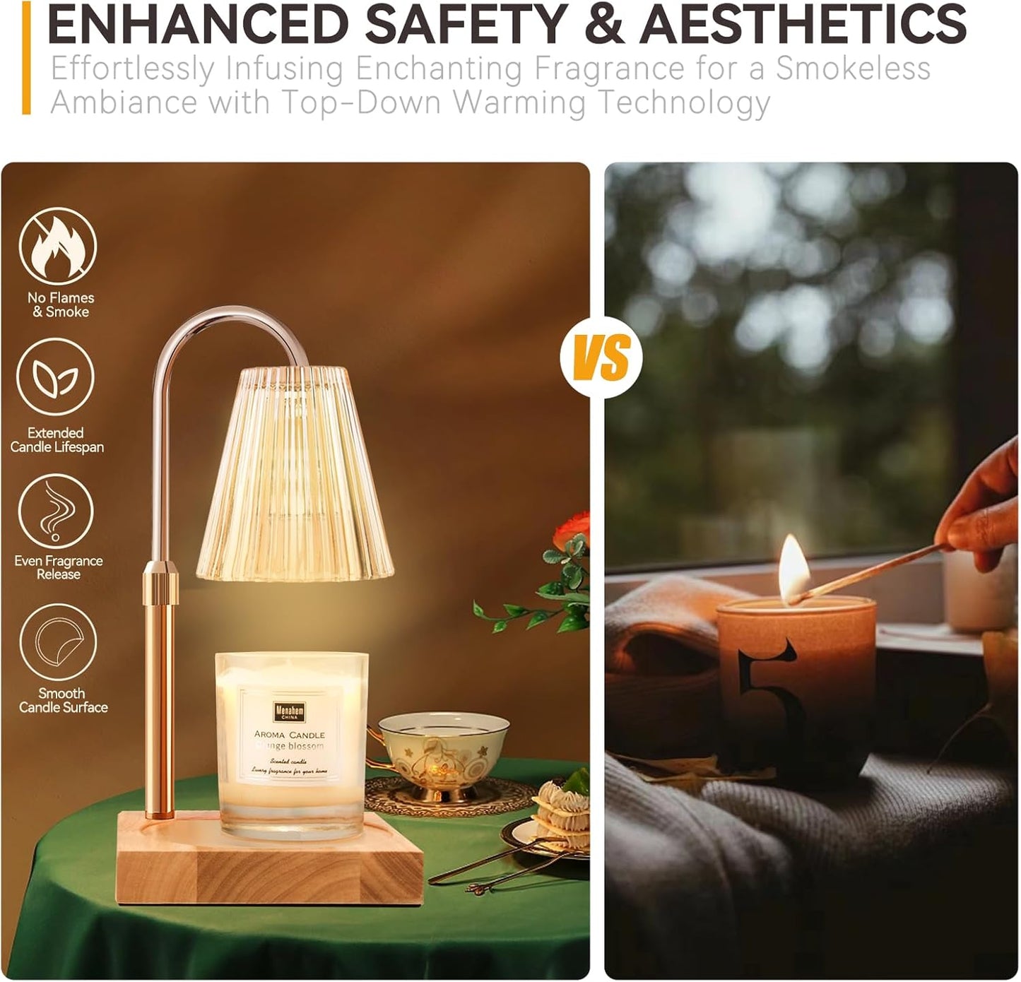 Candle Warmer Lamp with Timer, Adjustable Height & Brightness, Natural Wood Base