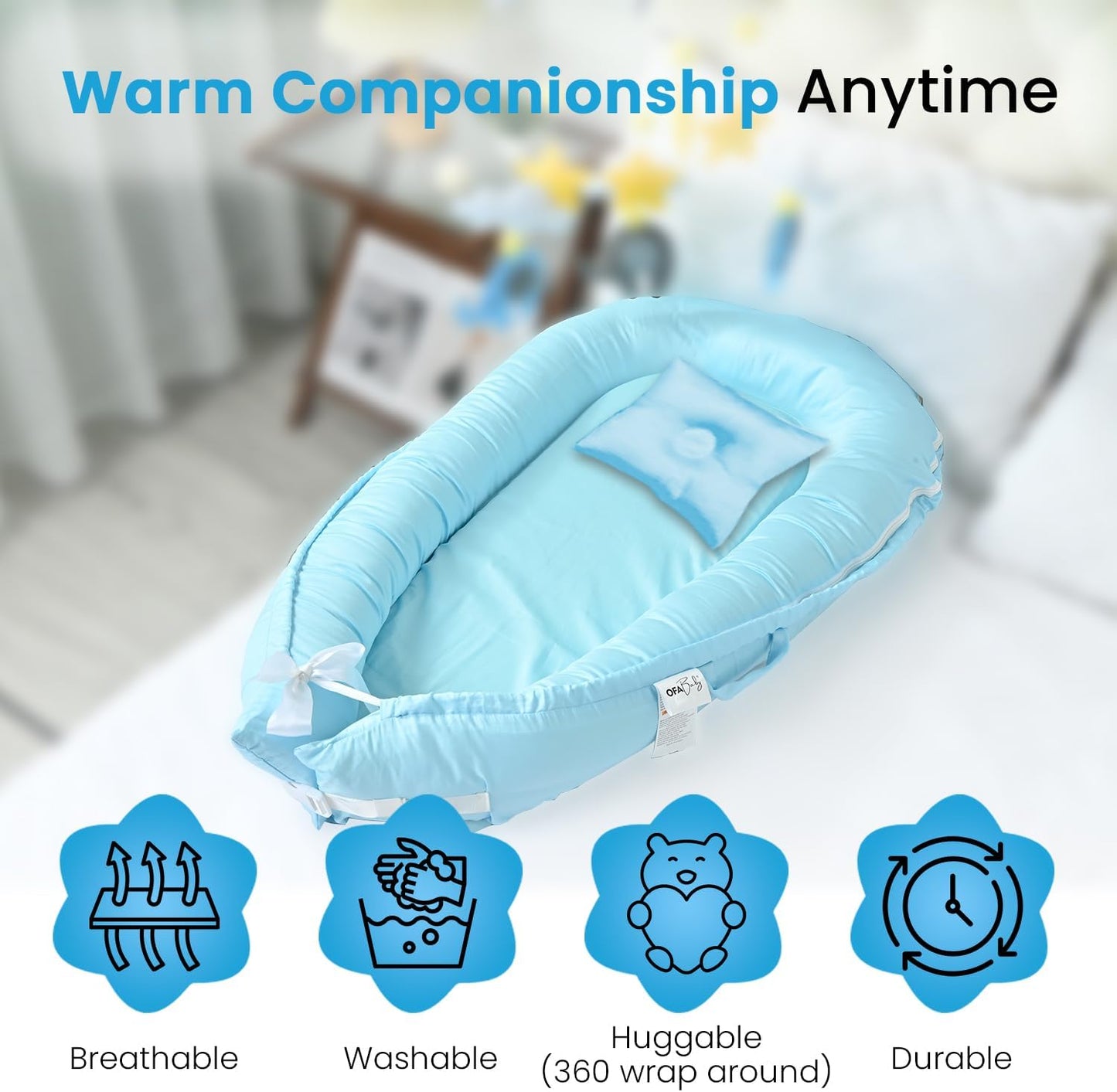 Baby Lounger Nest Pillow for 0-24 Months, Portable Foldable Baby Lounger with Soft Foam Mat, Removable Washable Cover, Blue