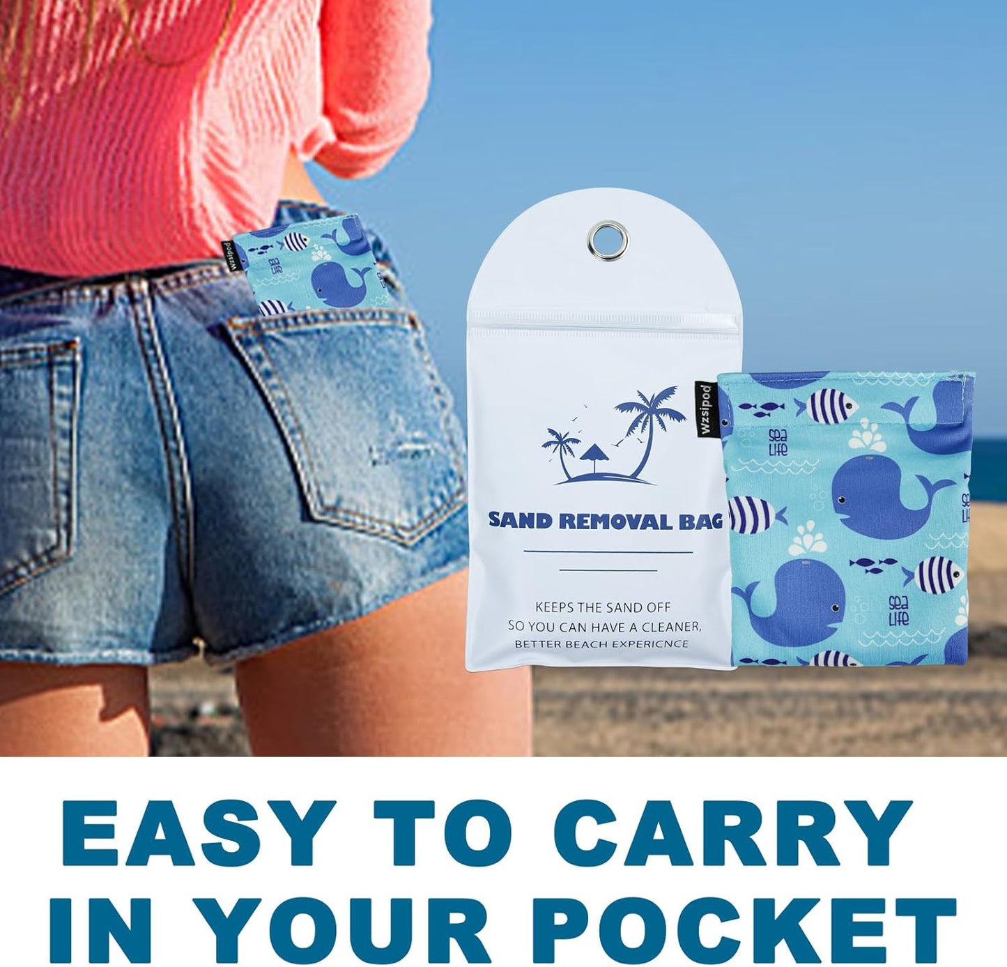 Beach Sand Removal Bag | Gentle, Skin-Friendly & Talc-Free | Natural Alternative for Effective Sand Cleaning (Whale)