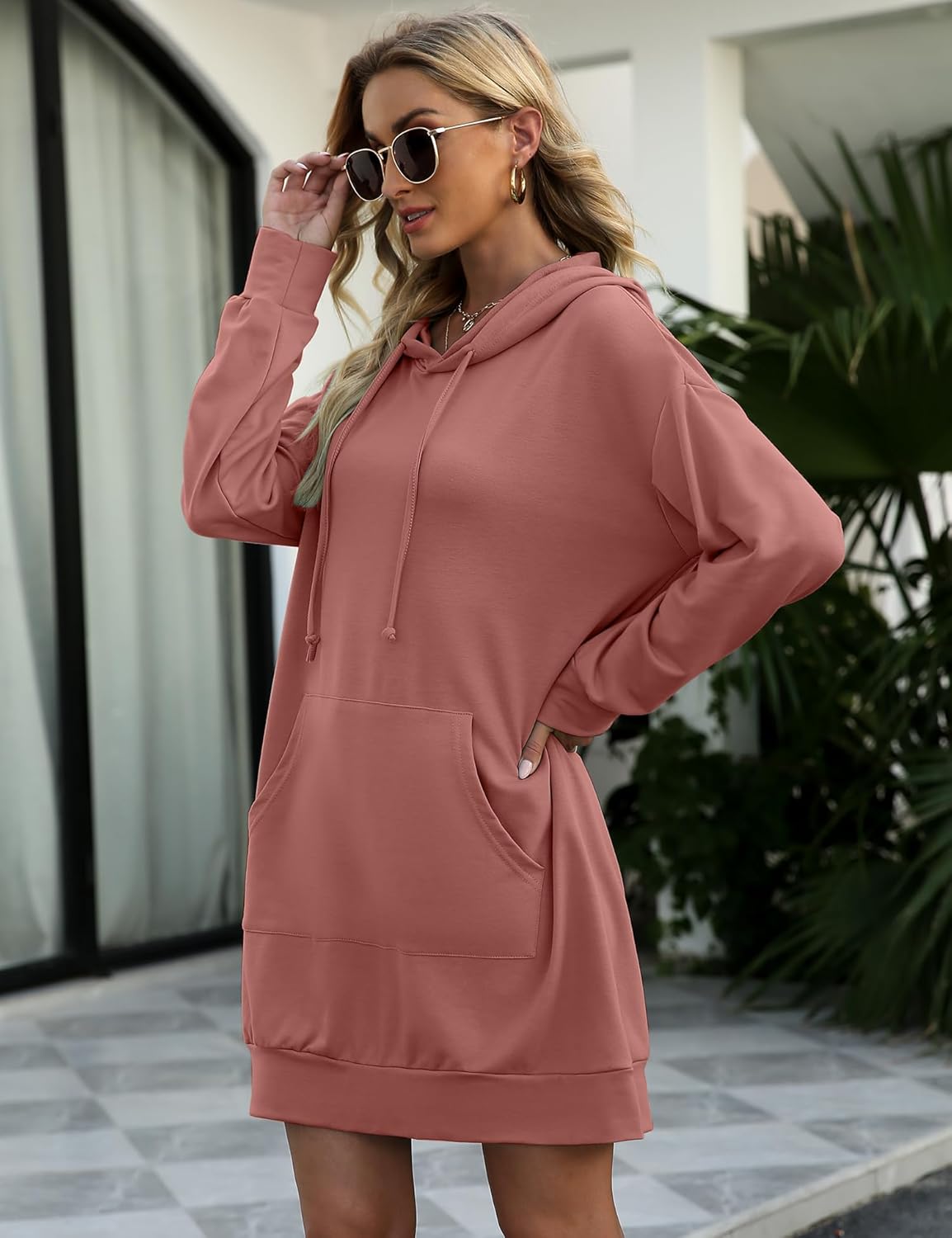 Size Large Women’s Hoodie Sweatshirt Dress, Oversized Long Sleeve Tunic with Hood and Kangaroo Pocket, Casual Fall Winter, Solid or Funny Holiday Graphics