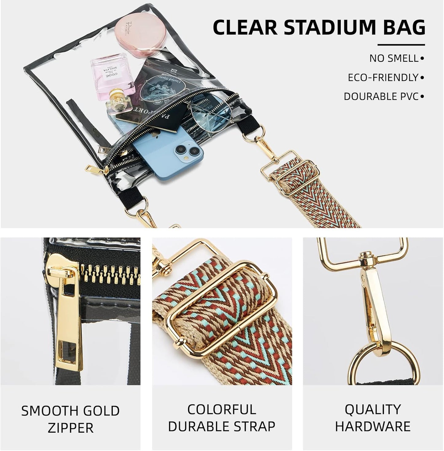 Stadium Approved Clear Crossbody Bag with Adjustable Colorful Strap for Concerts, Festivals, and Sports Events