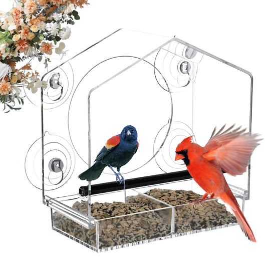 Clear Window Bird Feeder with Strong Suction Cups, Acrylic Viewing Feeder for Cats, Large Clear Window, Removable Sliding Seed Tray with Drainage, Easy to Clean and Refill