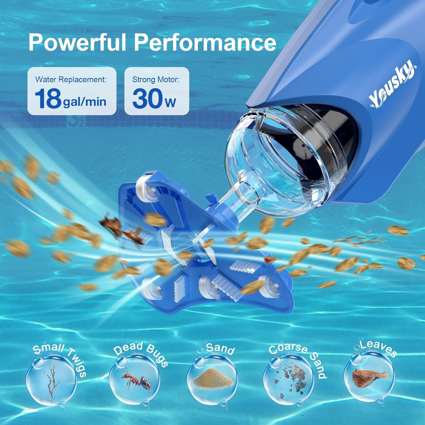 Cordless Handheld Pool Vacuum for Above & Inground Pools with Powerful 18 GPM Suction and Rechargeable Battery