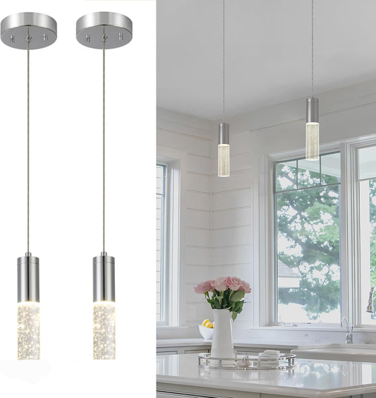 2-Pack Chrome Crystal Pendant Lights - Dual Modern LED Fixtures for Kitchen & Dining, 11.8”-52” Adjustable
