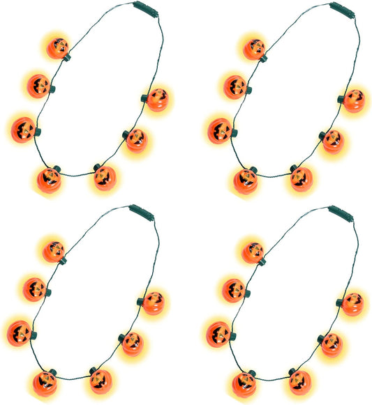 4pk Light Up Halloween Pumpkin Jack-O-Lantern Glow In The Dark Necklaces
