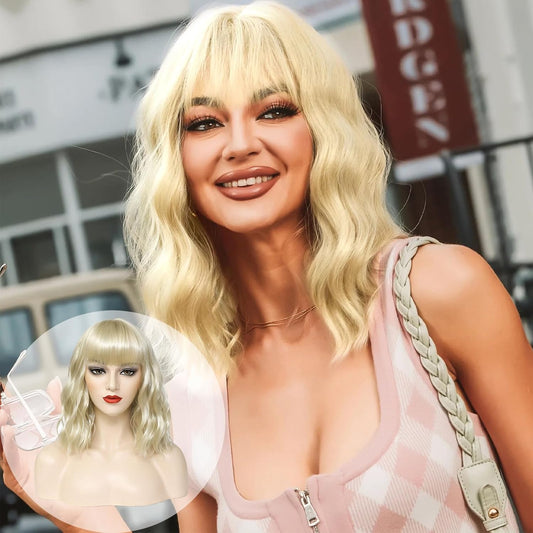 12" Blonde Wavy Shoulder-Length Wig with Bangs for Daily or Party Use