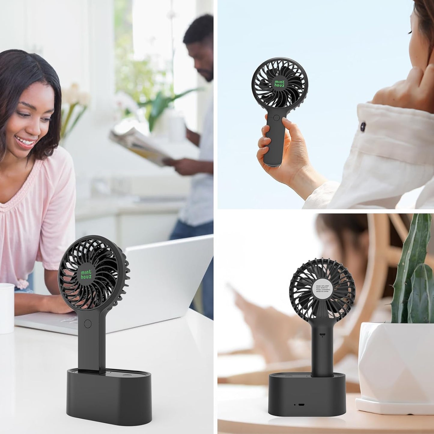 Compact Black Handheld Fan with 90° Auto-Rotate & USB Rechargeable Battery - 3 Speeds, Perfect for Travel
