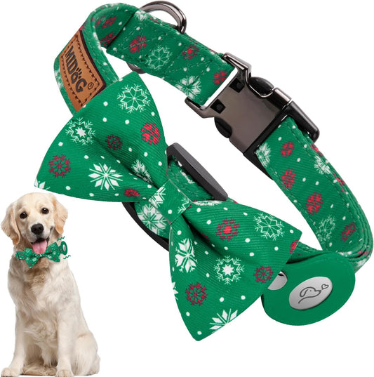 Size Large Green Snow AirTag Dog Collar - Fashionable, Adjustable, Soft Nylon Pet Collar with Detachable Bow Tie, GPS Holder