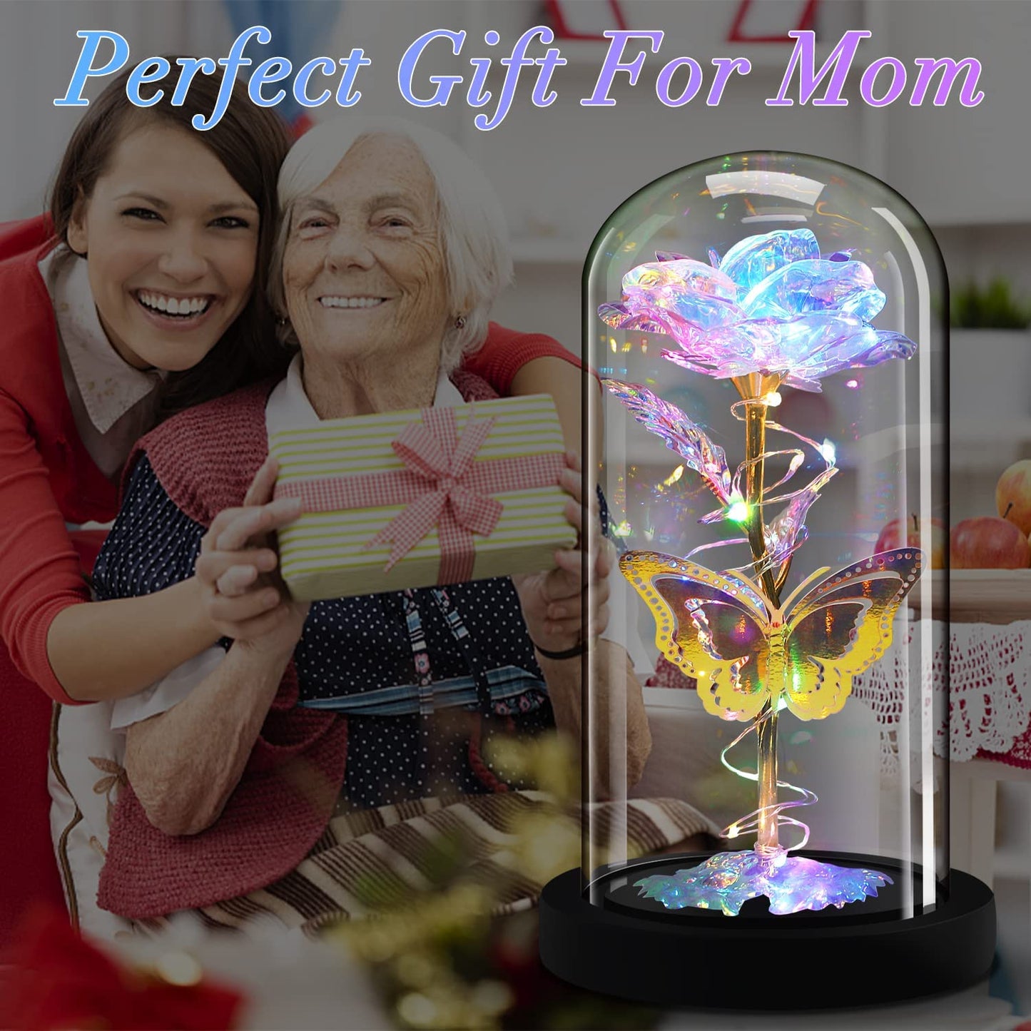 7.9" Decorative Glass Covered Light-Up Eternal Glass Rose w/ Gold Foil Butterfly