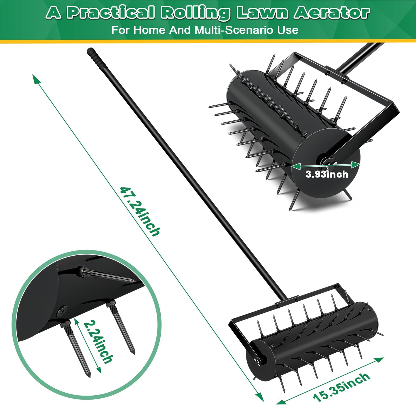 16-inch Rolling Lawn Aerator with 47-inch Adjustable Handle - Heavy Duty Manual Soil Penetrator Spikes for Garden and Yard Maintenance