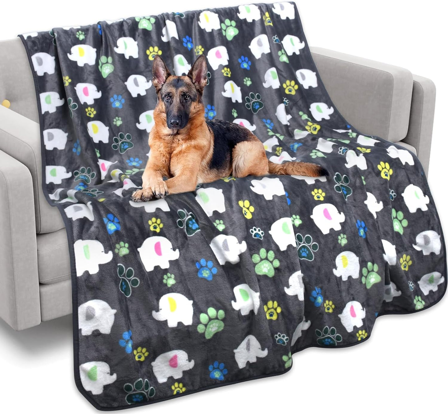 Premium Dog Blanket for Large Dogs, Flannel Elephant & Paw Print, 60x50" - Pet Comfort