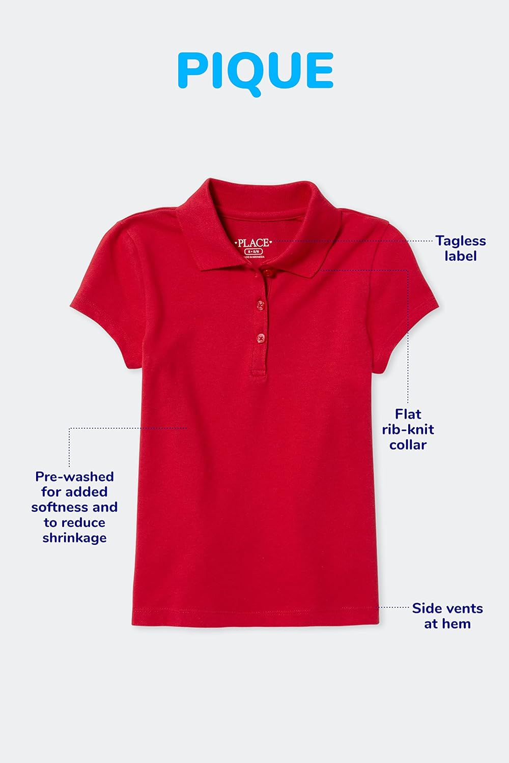 Girls 5-Pack Short Sleeve Piqué Polos – Ruby – Flat-Knit Collar, Button-Front Placket, Side Vents – Size Medium, Machine Washable