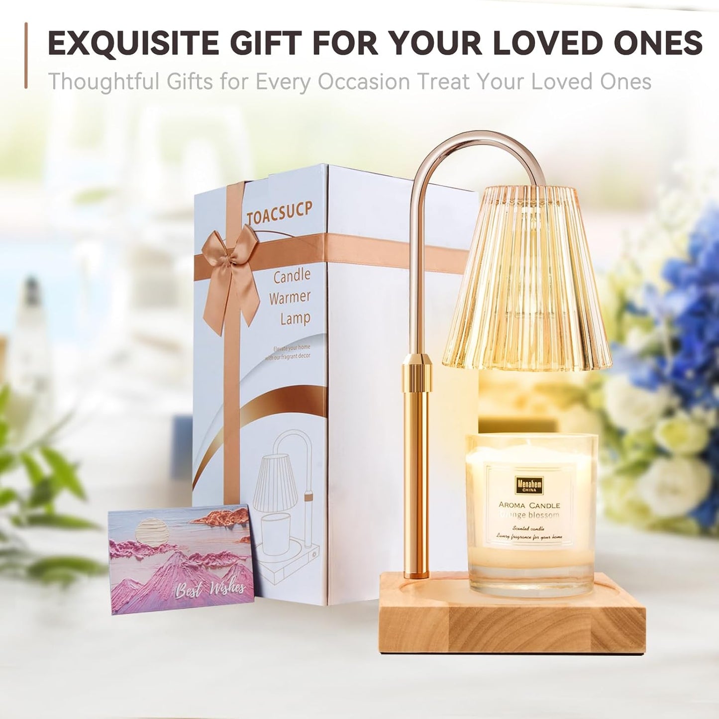 Candle Warmer Lamp with Timer, Adjustable Height & Brightness, Natural Wood Base