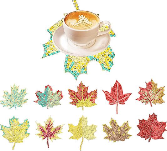 10pcs Maple Leaf DIY Diamond Painting Coaster Kit with Holder