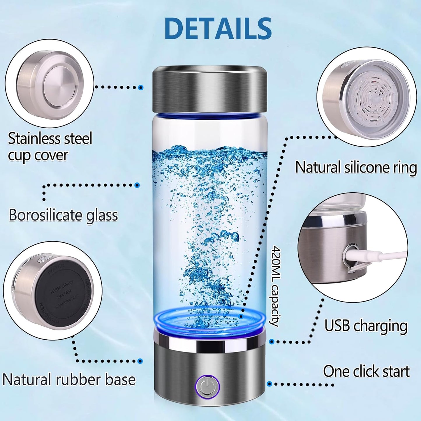 Hydrogen Water Bottle Generator with SPE/PEM Tech for Home, Office, and Travel