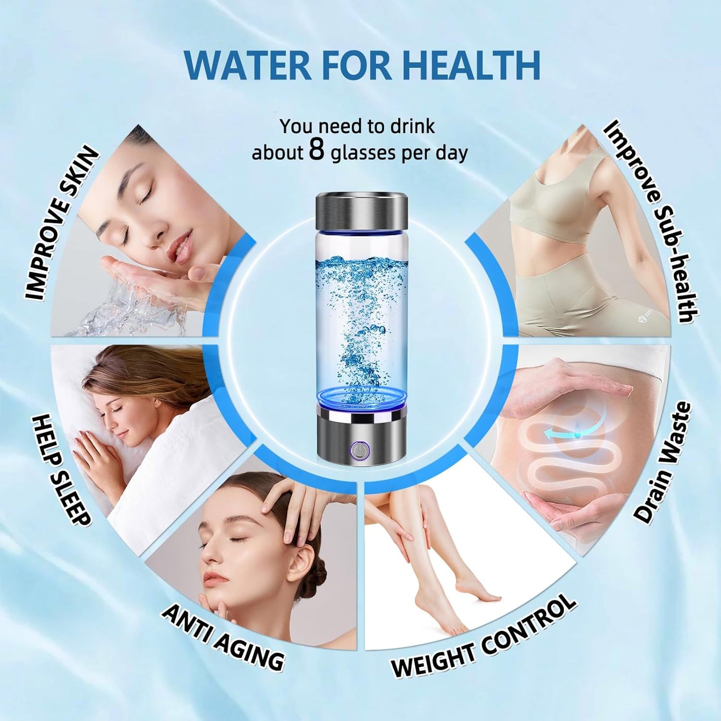 Hydrogen Water Bottle Generator with SPE/PEM Tech for Home, Office, and Travel