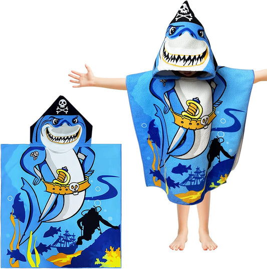 Kids 1-6 Years Hooded Pirate Shark Microfiber Beach/Swim/Pool/Bath Towel