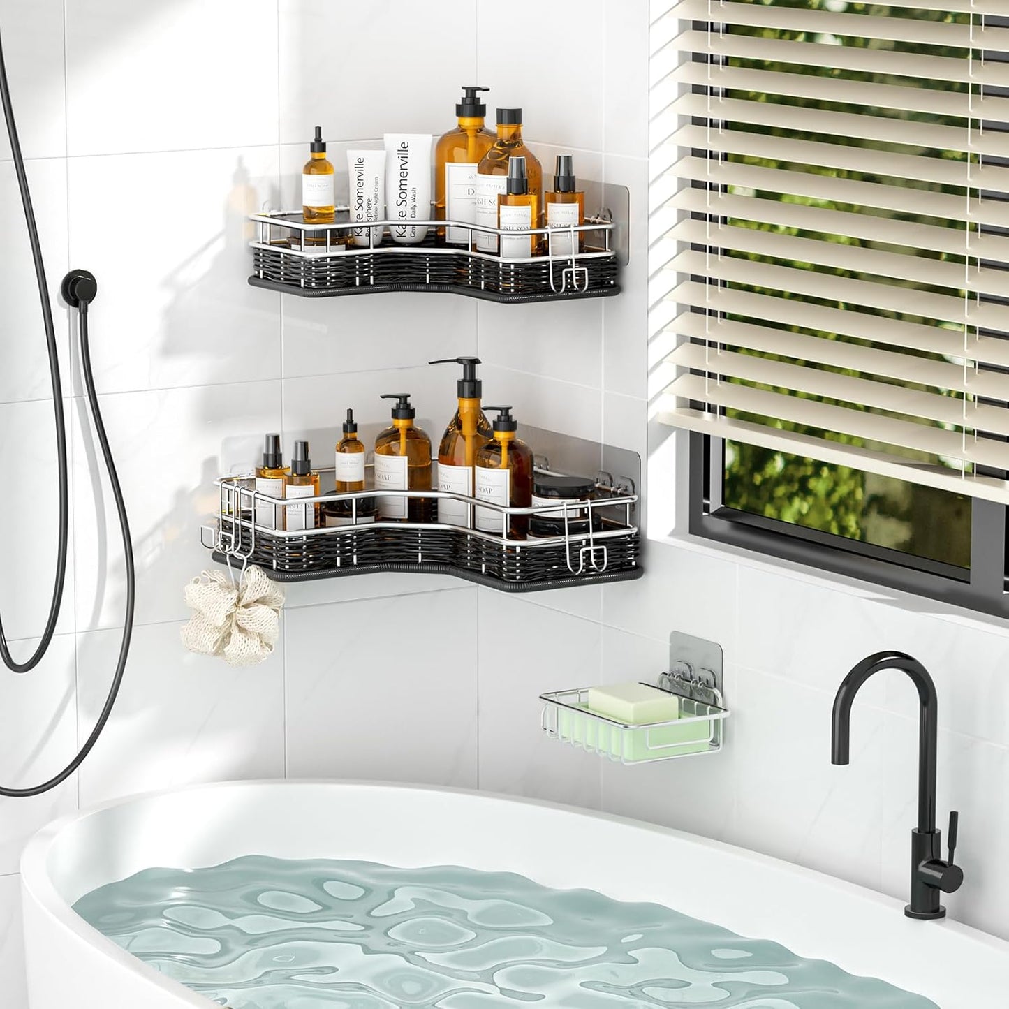 3-Pack Corner Shower Shelves - Rustproof Stainless Steel & Weave Rattan, Large Capacity, No Drill Caddy for Home Decor