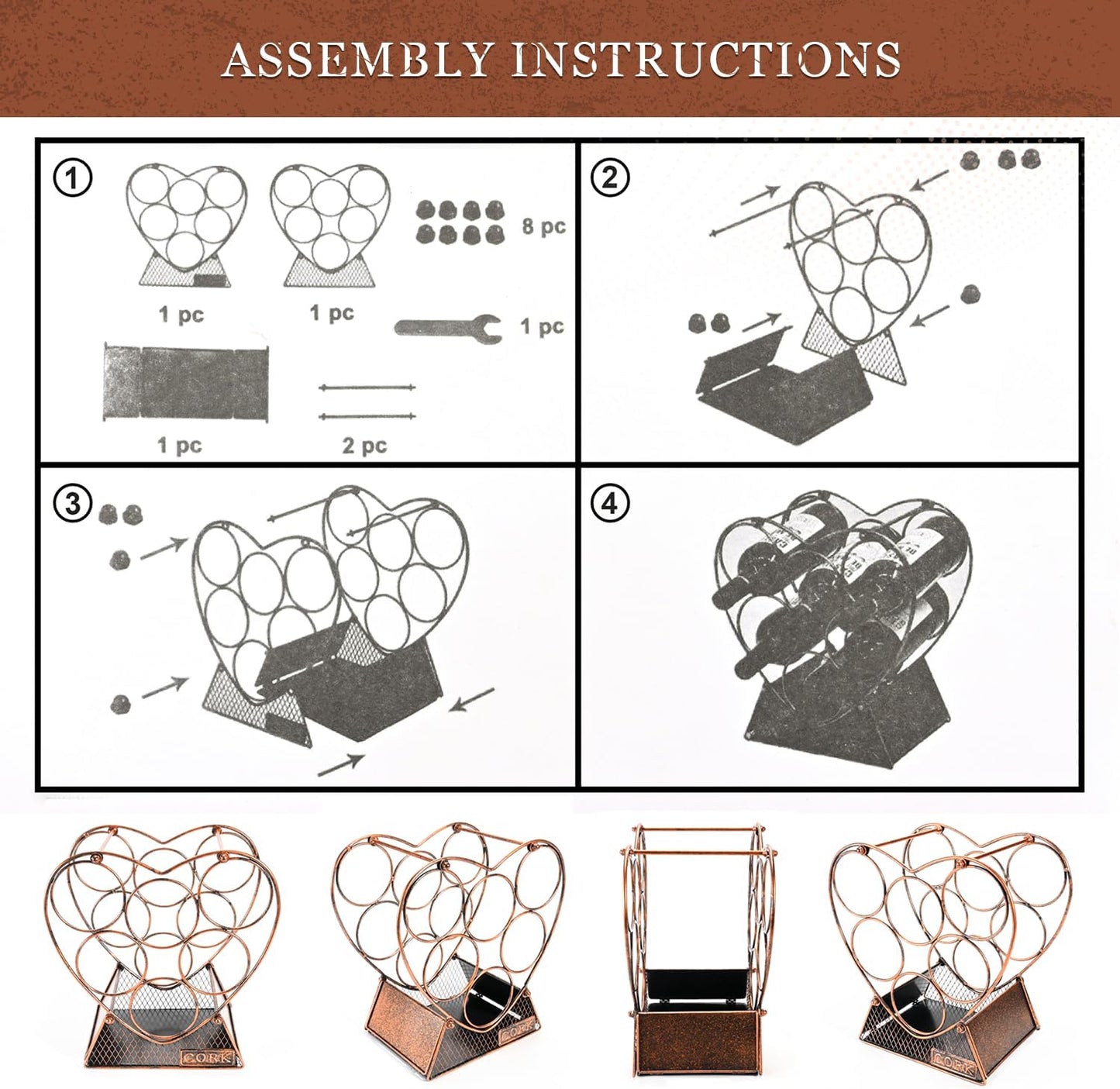 Heart Shape Metal Wine Rack for 7 Bottles - Perfect for Tabletop and Cabinet Storage