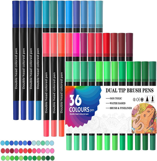 Explore Creative Horizons: 36 Dual Tip Brush Pens in Green, Red & Blue Shades