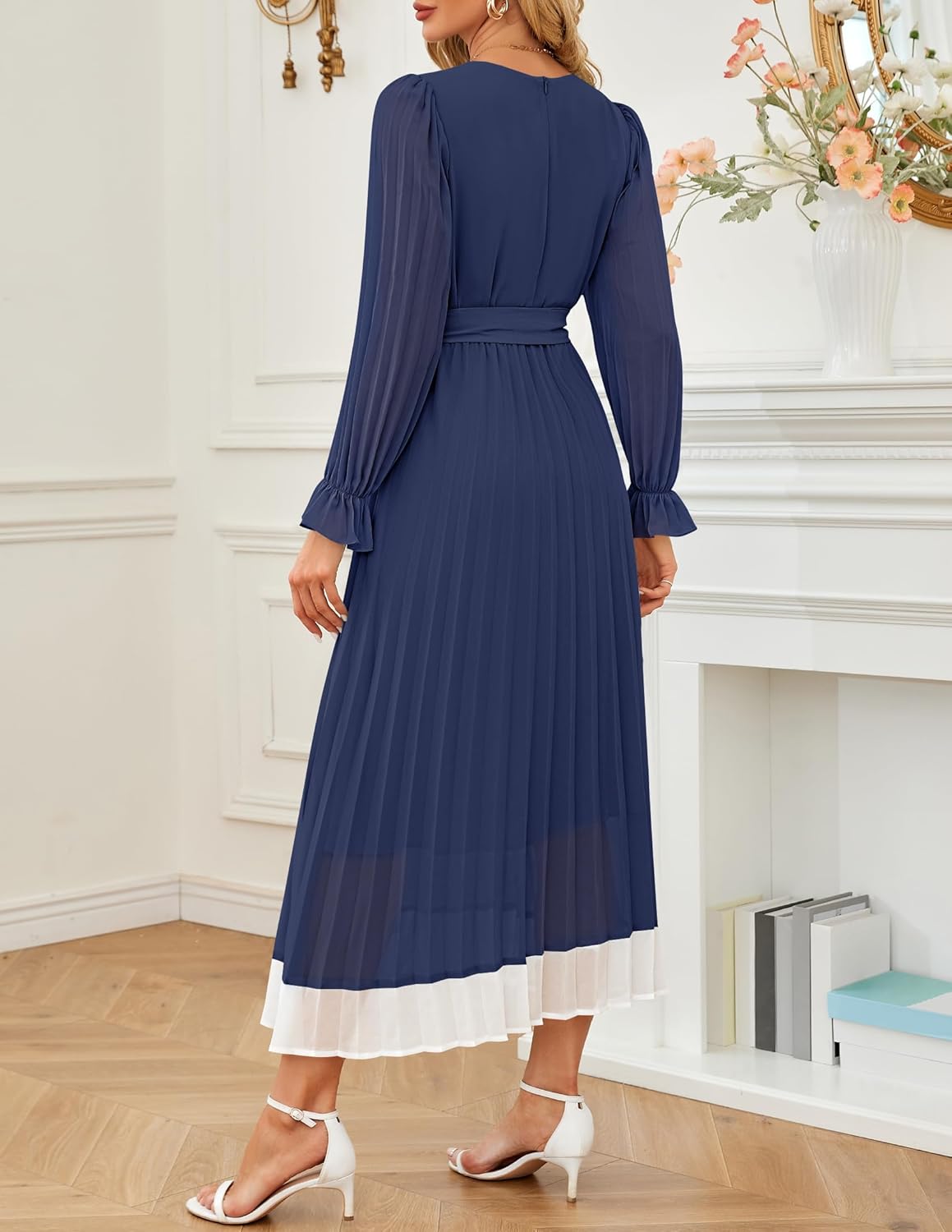 Dark Blue Medium Women's Long Sleeve Chiffon Midi Dress with Pleated Skirt and Detachable Belt