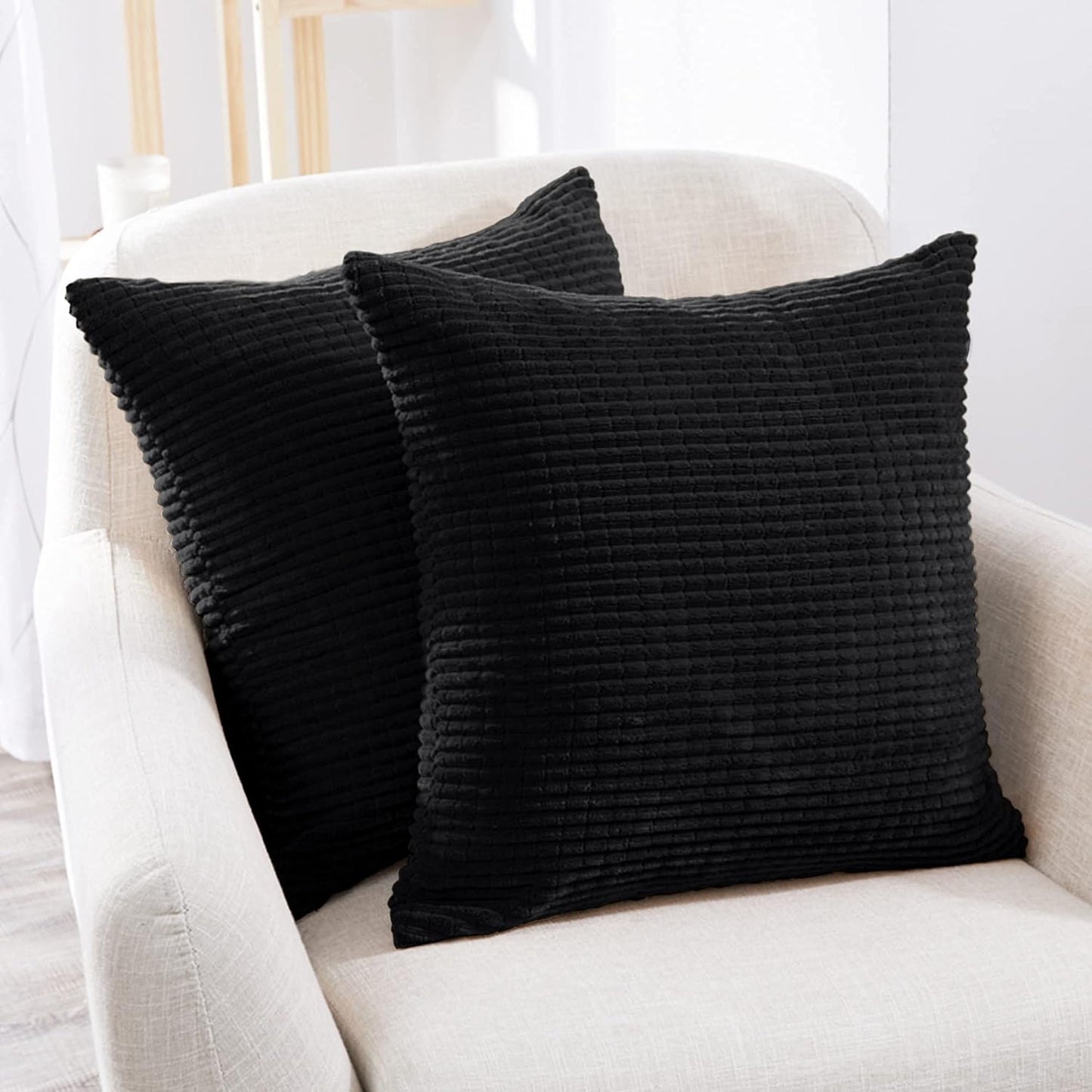 Black Corduroy Throw Pillow Covers for Fall, Striped Design - Set of 2 (18x18 Inch)