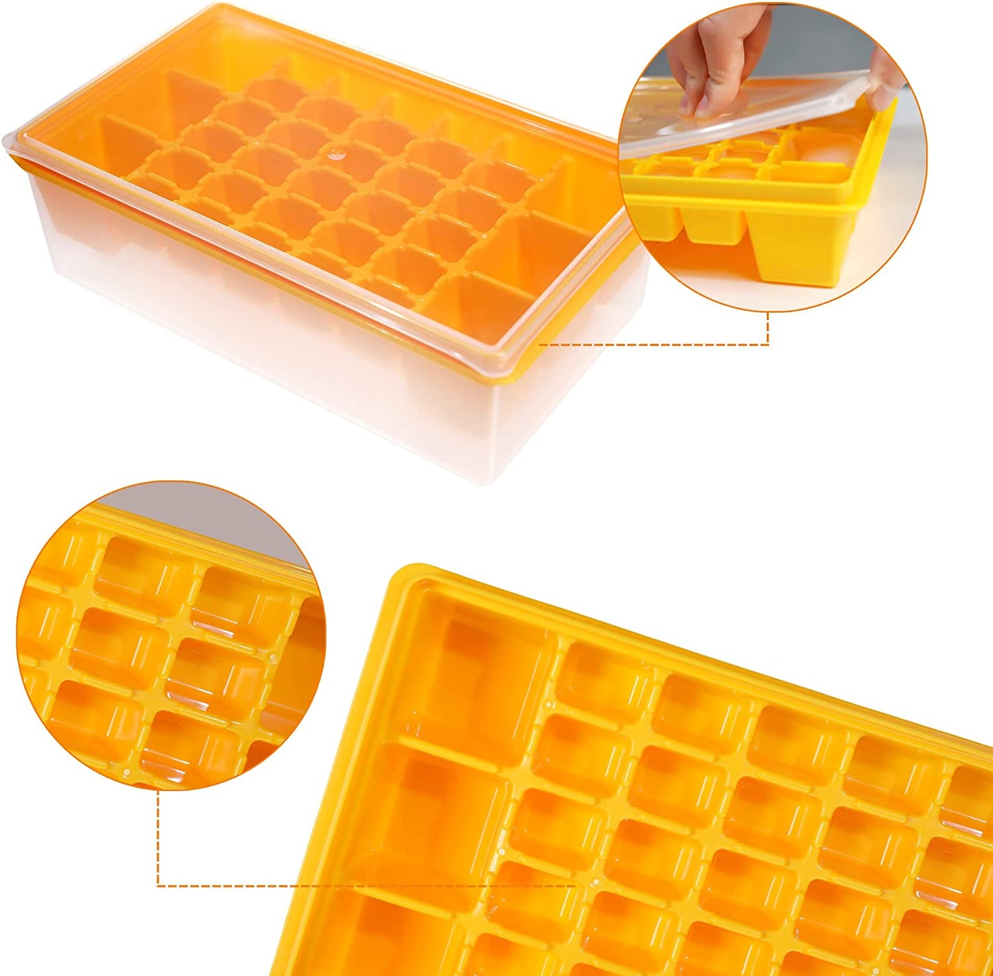 Yellow 36 Slot (6 Large, 30 Small) Ice Cube Tray w/ Lid, Bin, Scoop, & Cover