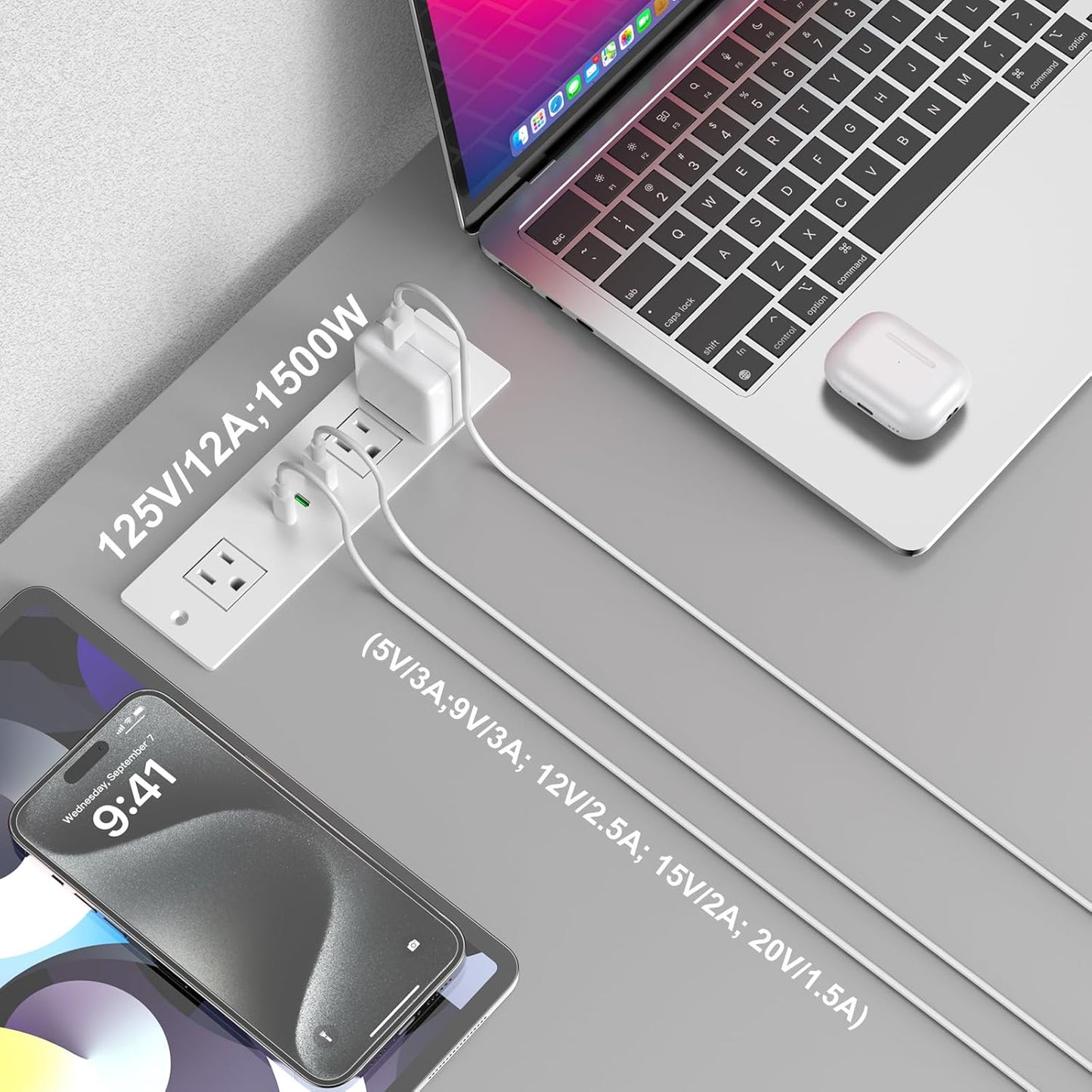 Recessed Power Strip USB C with 30W Delivery - 6FT Cable, 3 Outlets & 2 USB-C