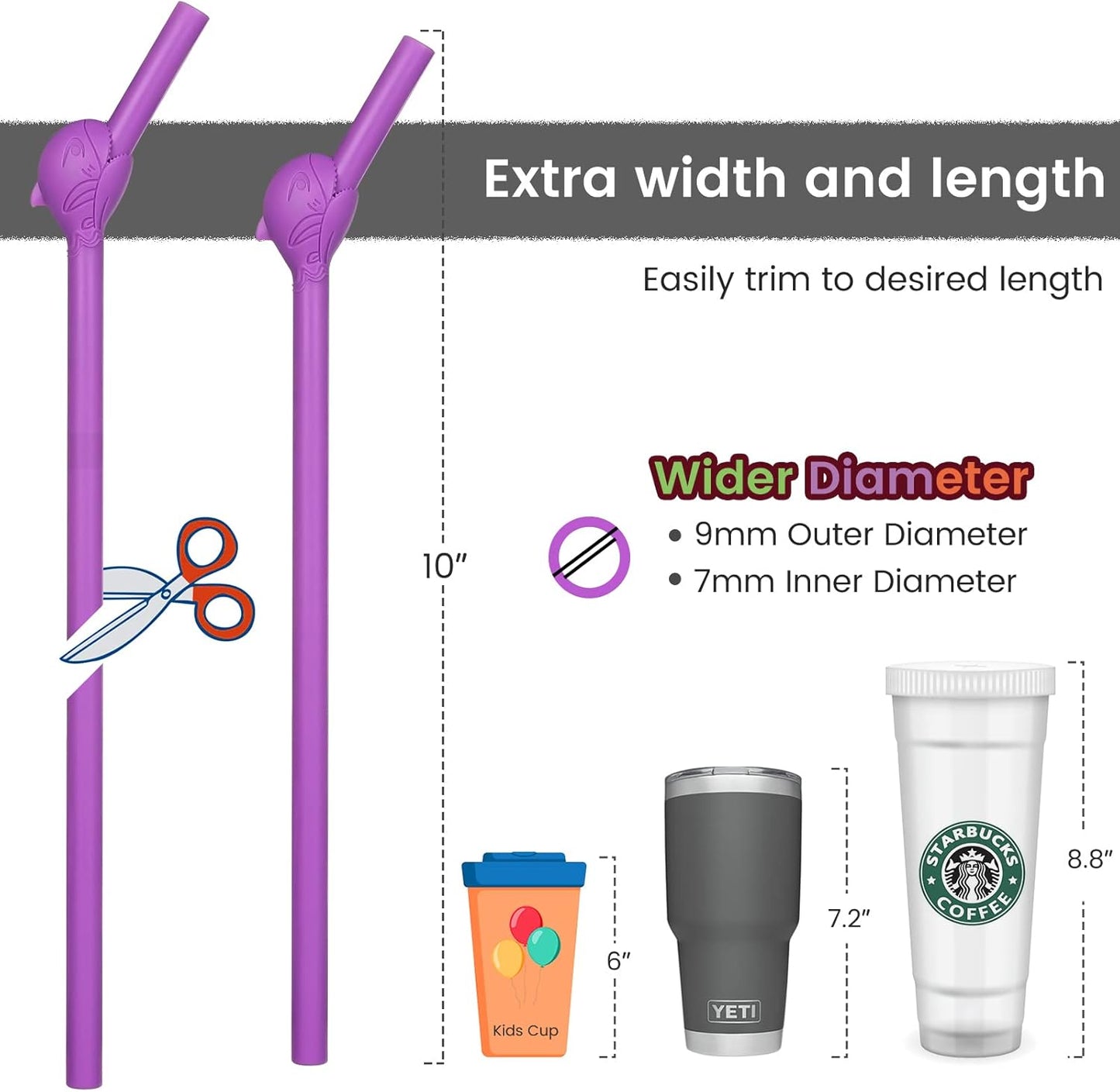 3-Pack Reusable Silicone Shark Straws - BPA Free, Extra Long 10" for 20-40oz Tumblers, Dishwasher Safe