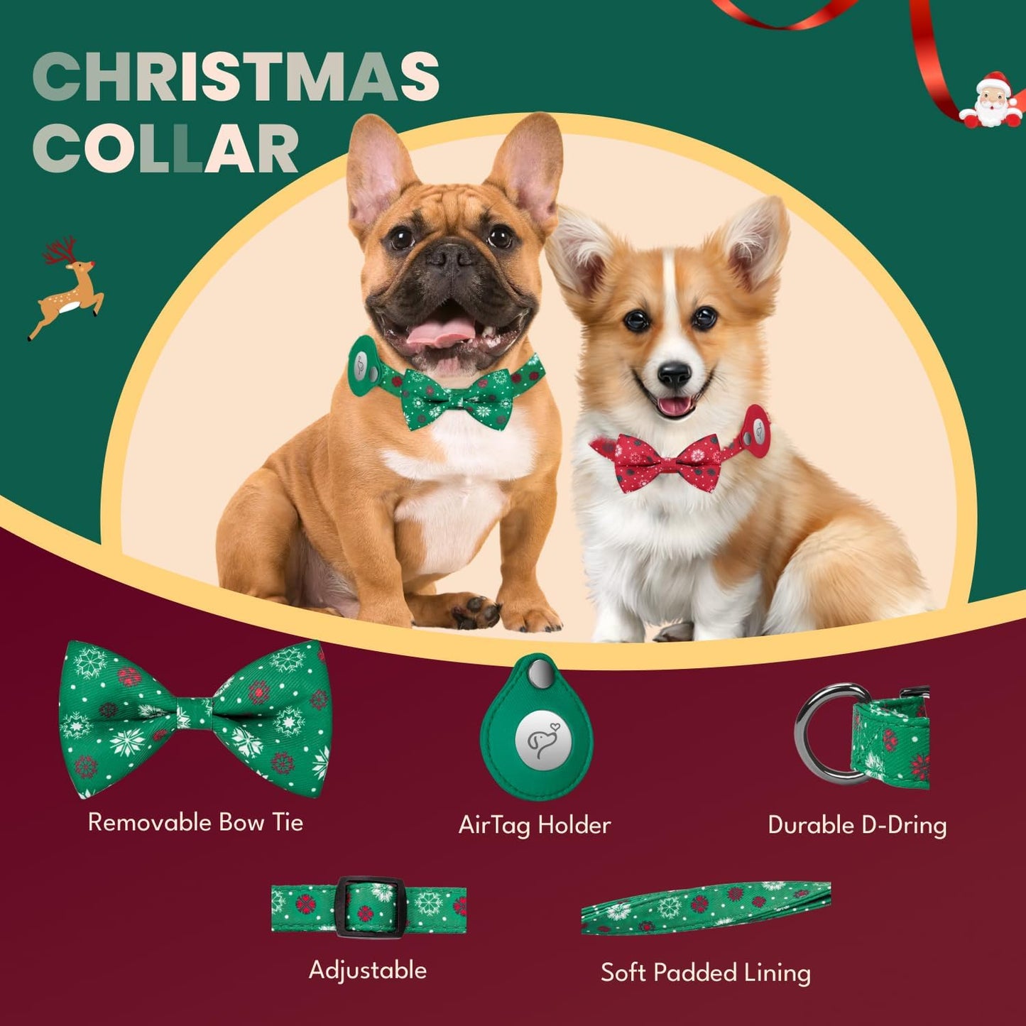 Size Large Green Snow AirTag Dog Collar - Fashionable, Adjustable, Soft Nylon Pet Collar with Detachable Bow Tie, GPS Holder