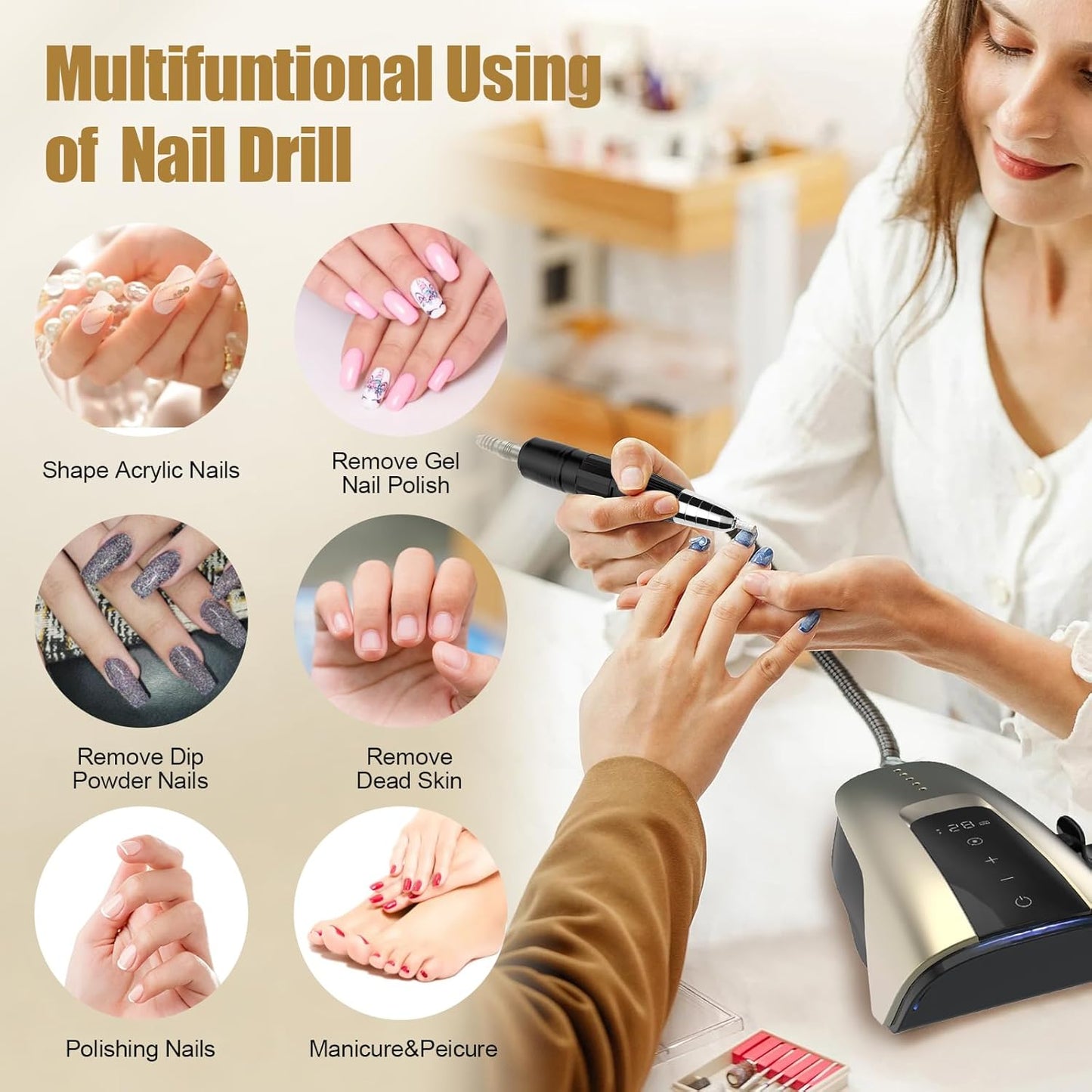 Gold 35,000 RPM Professional Electric Nail Drill Machine for Acrylic & Gel Nails