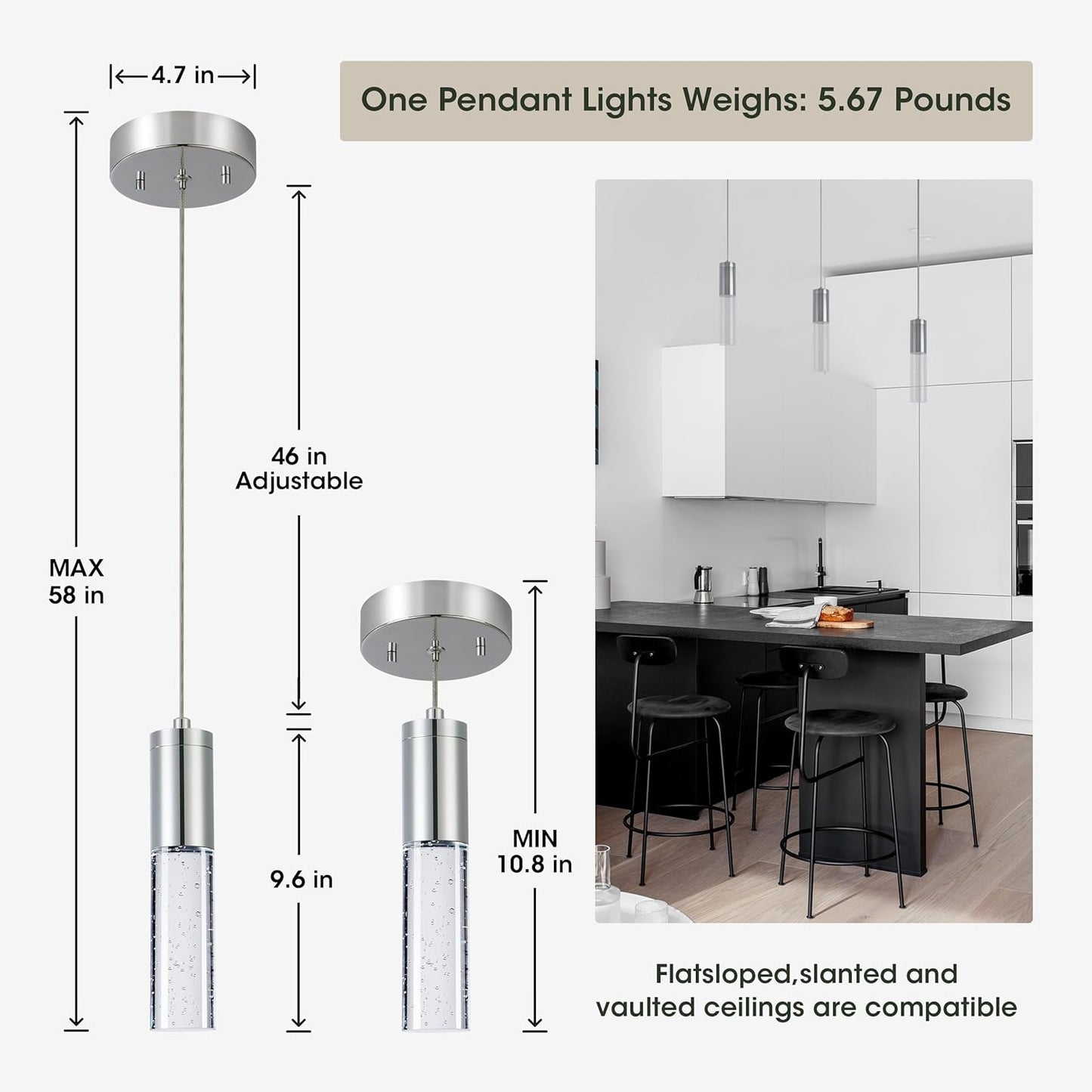 2-Pack Chrome Crystal Pendant Lights - Dual Modern LED Fixtures for Kitchen & Dining, 11.8”-52” Adjustable