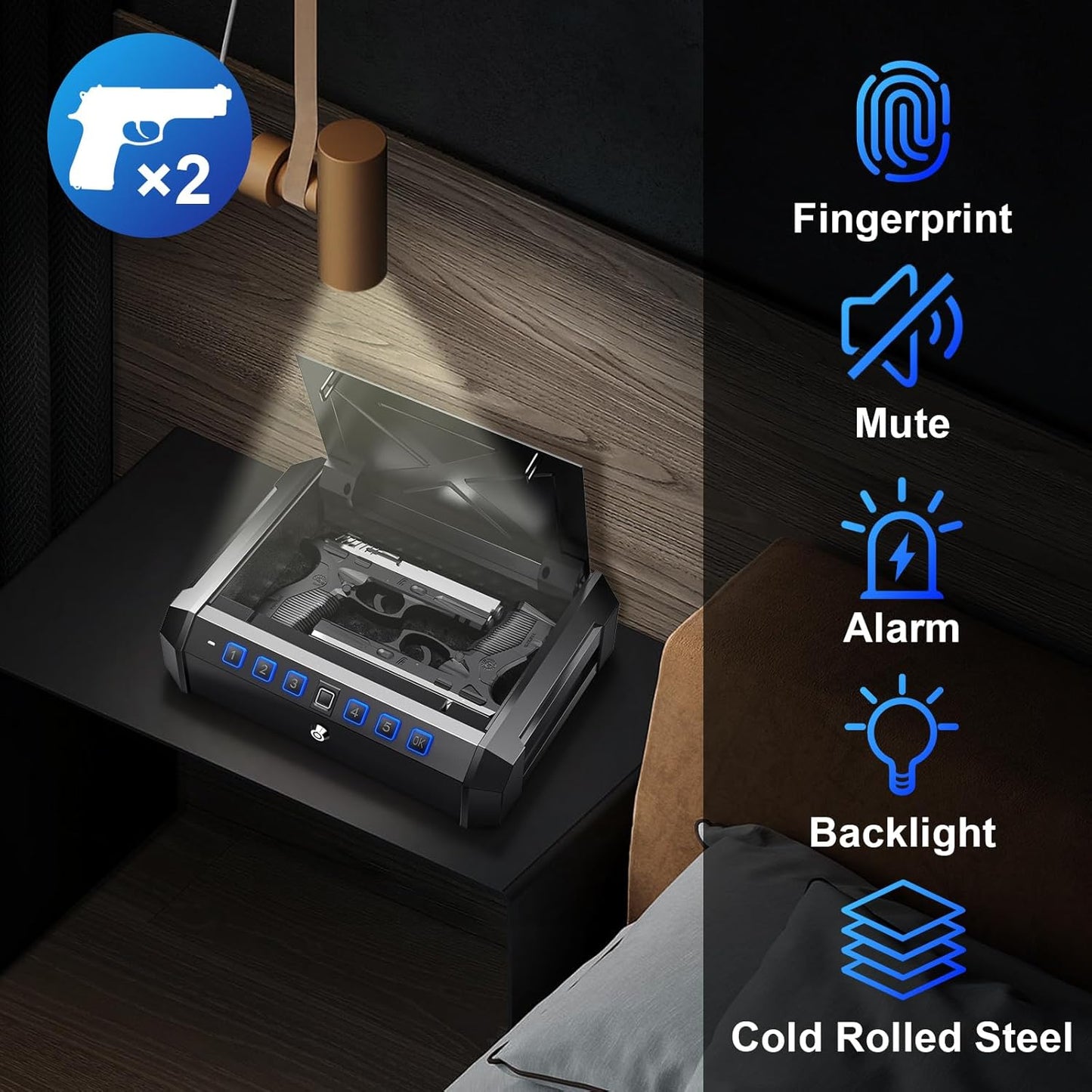 Biometric Handgun Safe: Quick Access, Fits 2 Pistols, Portable with Safety Rope