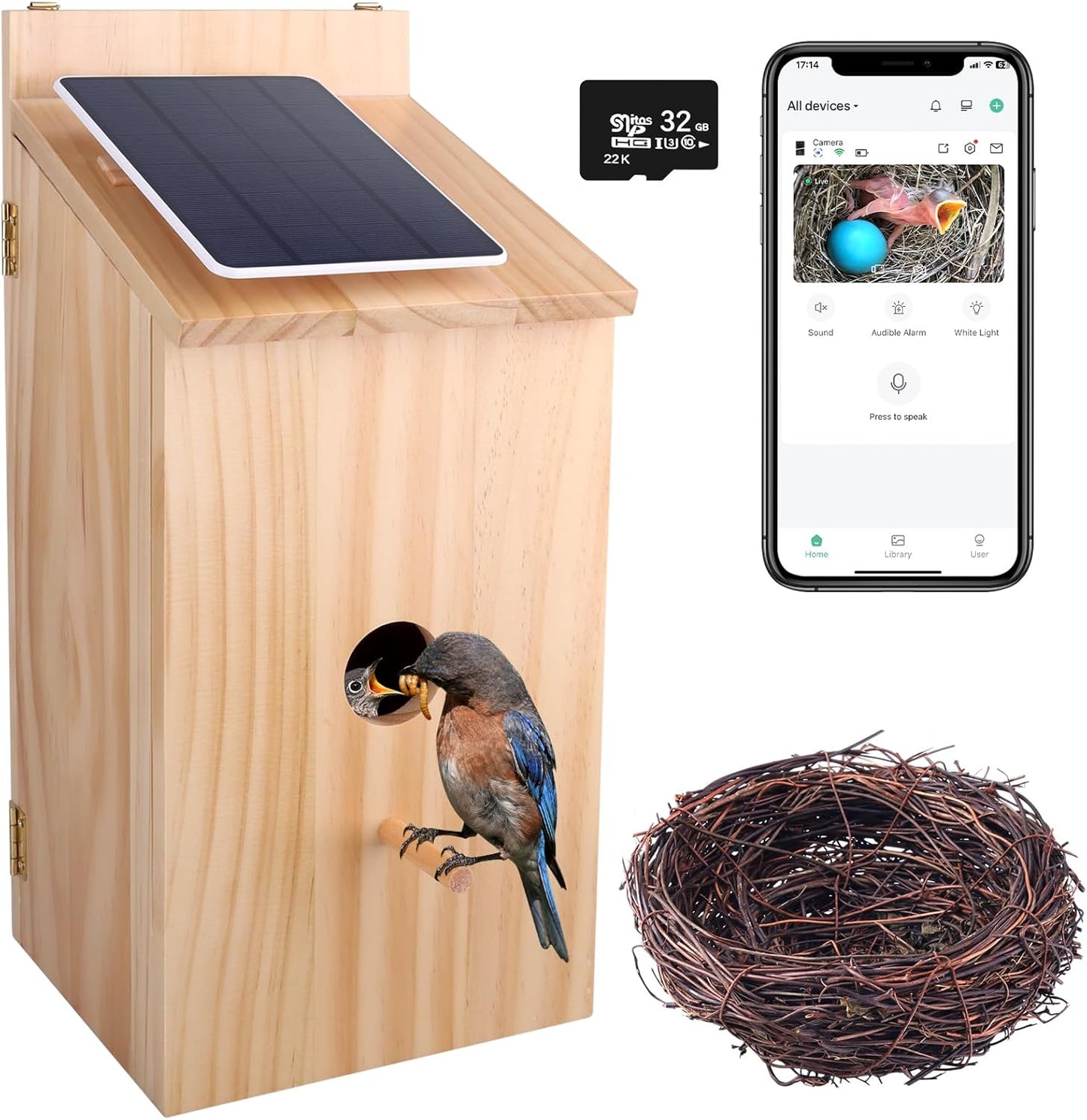 Smart Birdhouse Camera with 1080P Night Vision, Solar Powered & 160° View