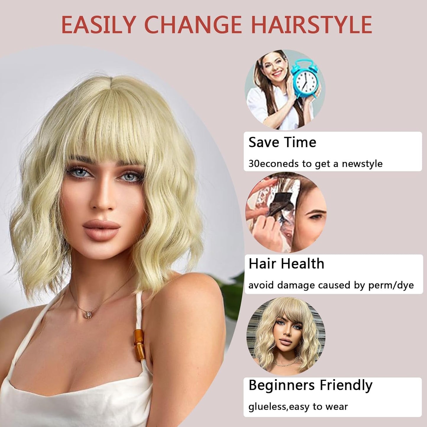 12" Blonde Wavy Shoulder-Length Wig with Bangs for Daily or Party Use