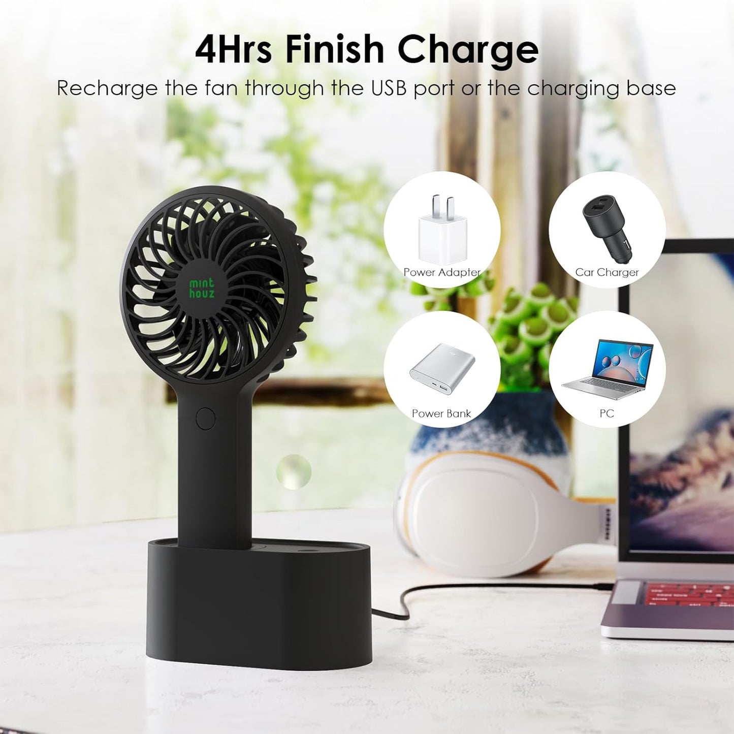 Compact Black Handheld Fan with 90° Auto-Rotate & USB Rechargeable Battery - 3 Speeds, Perfect for Travel