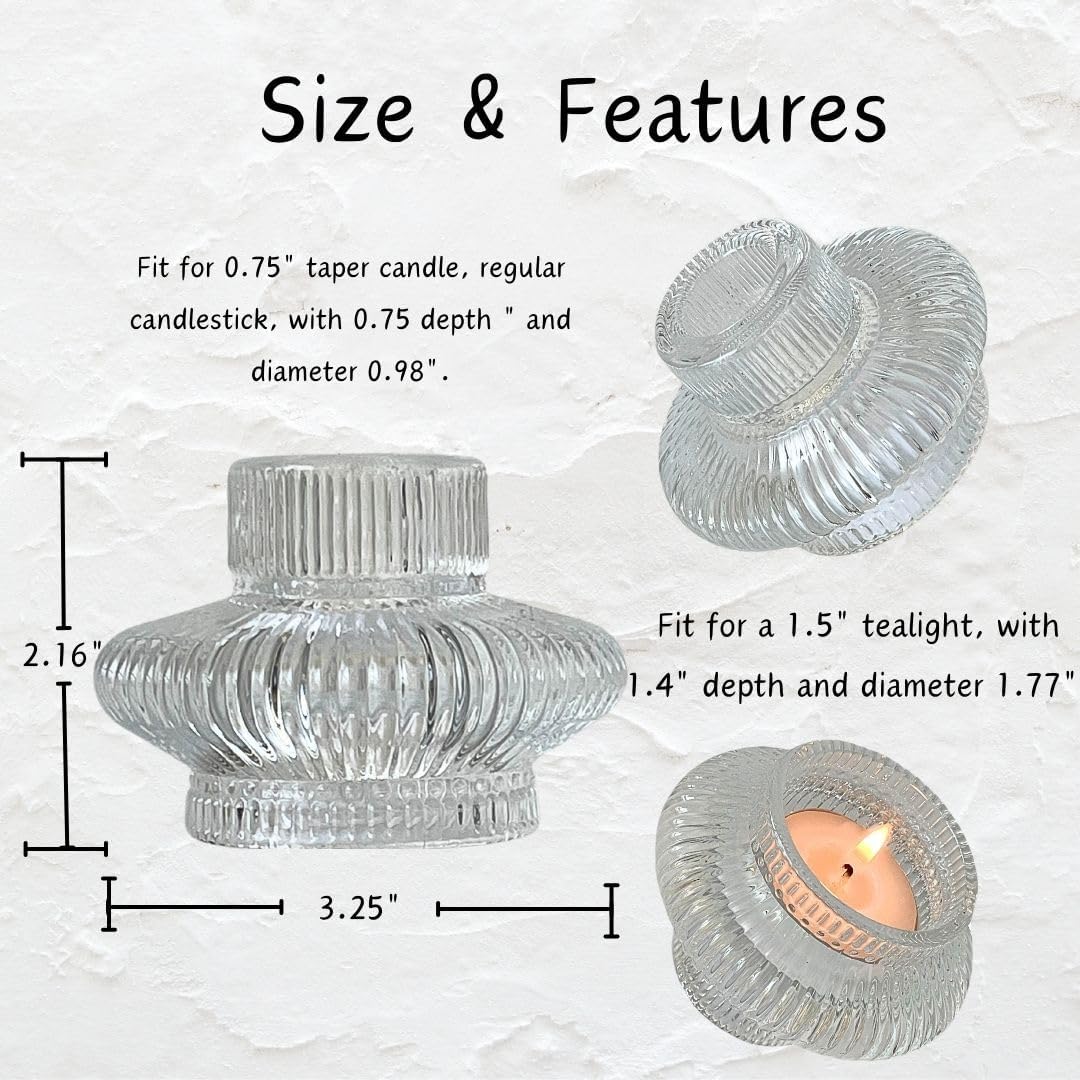 Dual-Sided Clear Glass Candlestick Holders for Tapered & Tealight Candles - Ideal for Weddings & Home Decor