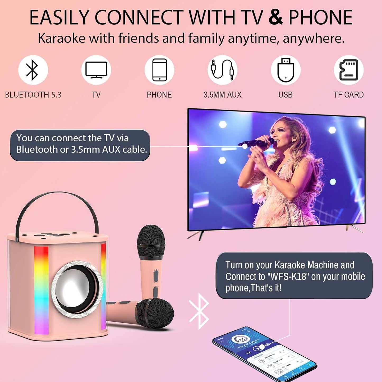 Pink Portable Bluetooth Karaoke Machine with Dynamic Lights & Dual Wireless Mics - Ideal for Home Parties