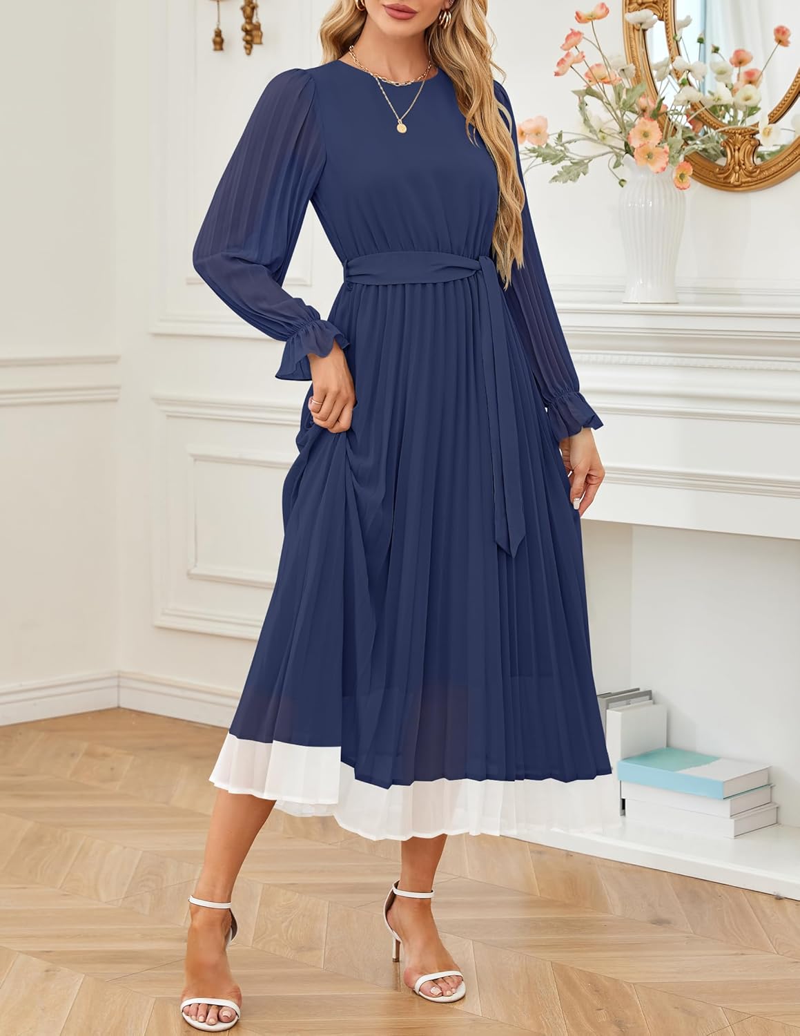 Dark Blue Medium Women's Long Sleeve Chiffon Midi Dress with Pleated Skirt and Detachable Belt