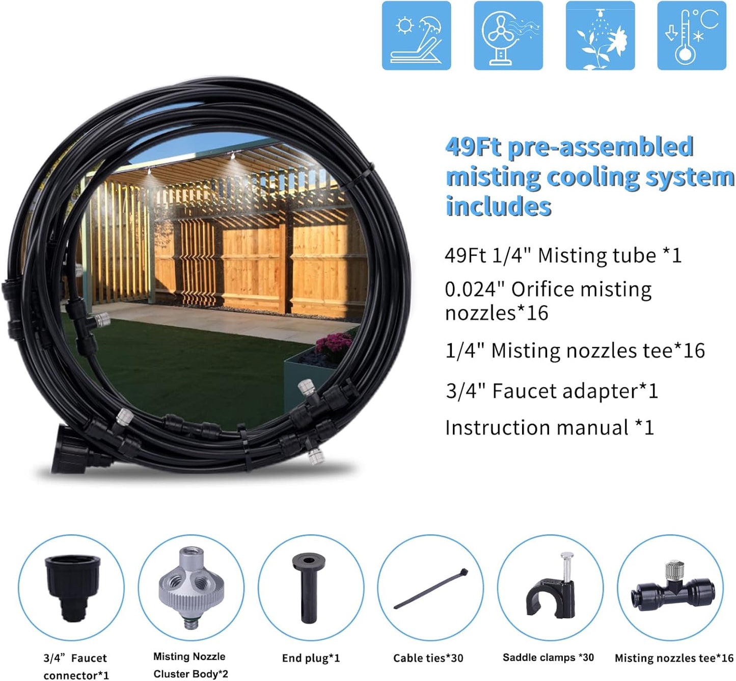 Outdoor Patio Misting System - 49ft Cooling Kit with 16 Stainless Steel Nozzles