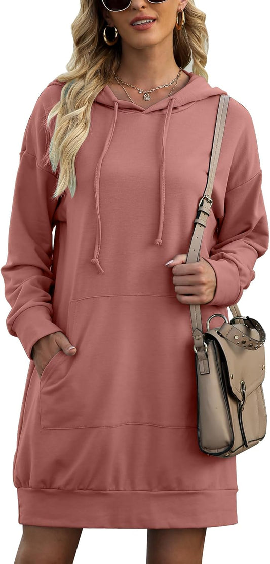Size Large Women’s Hoodie Sweatshirt Dress, Oversized Long Sleeve Tunic with Hood and Kangaroo Pocket, Casual Fall Winter, Solid or Funny Holiday Graphics
