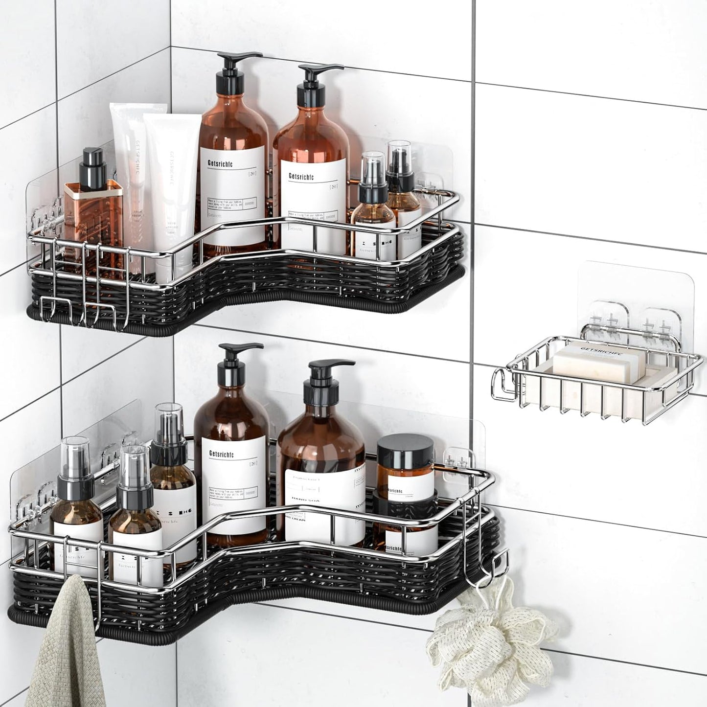 3-Pack Corner Shower Shelves - Rustproof Stainless Steel & Weave Rattan, Large Capacity, No Drill Caddy for Home Decor