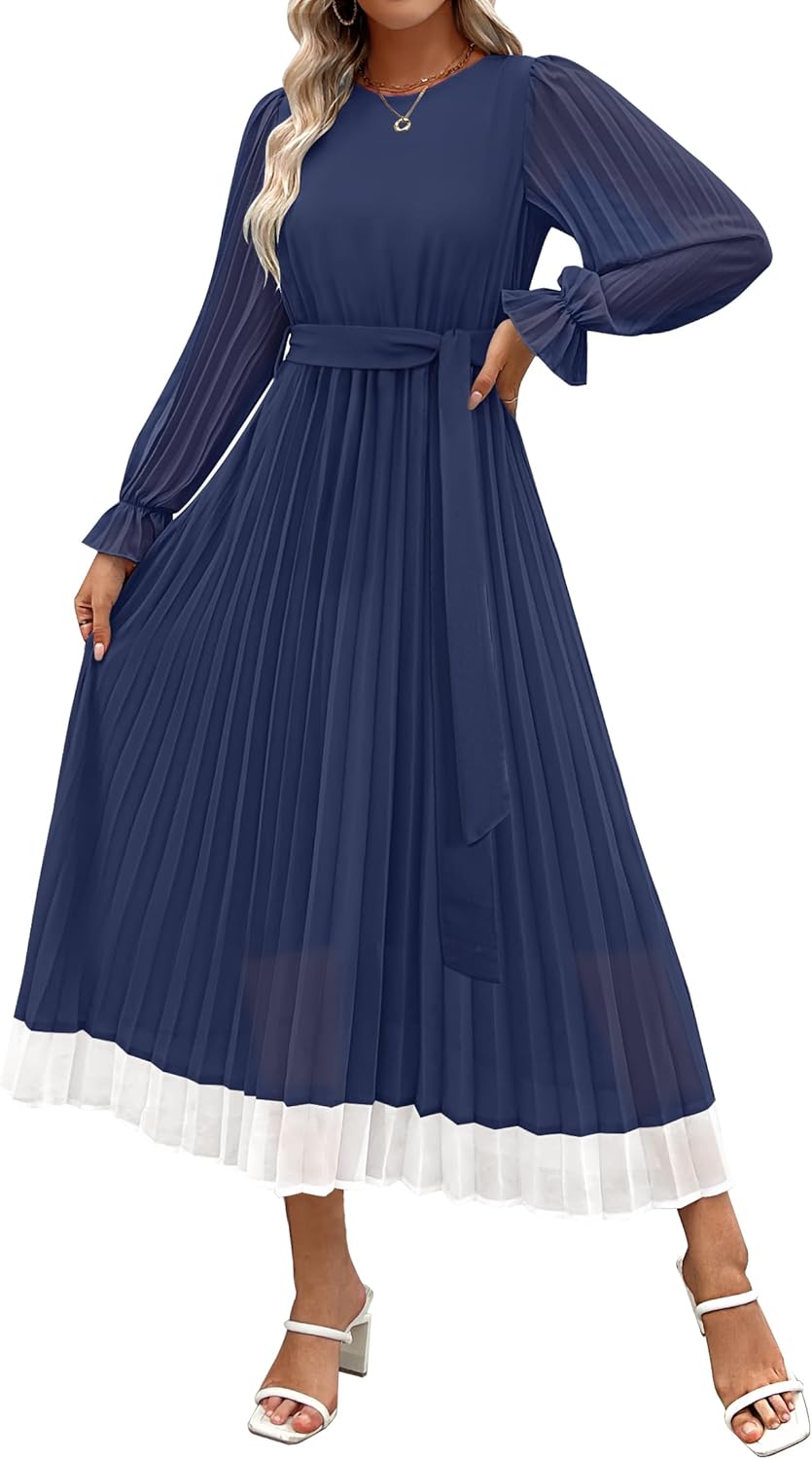 Dark Blue Medium Women's Long Sleeve Chiffon Midi Dress with Pleated Skirt and Detachable Belt