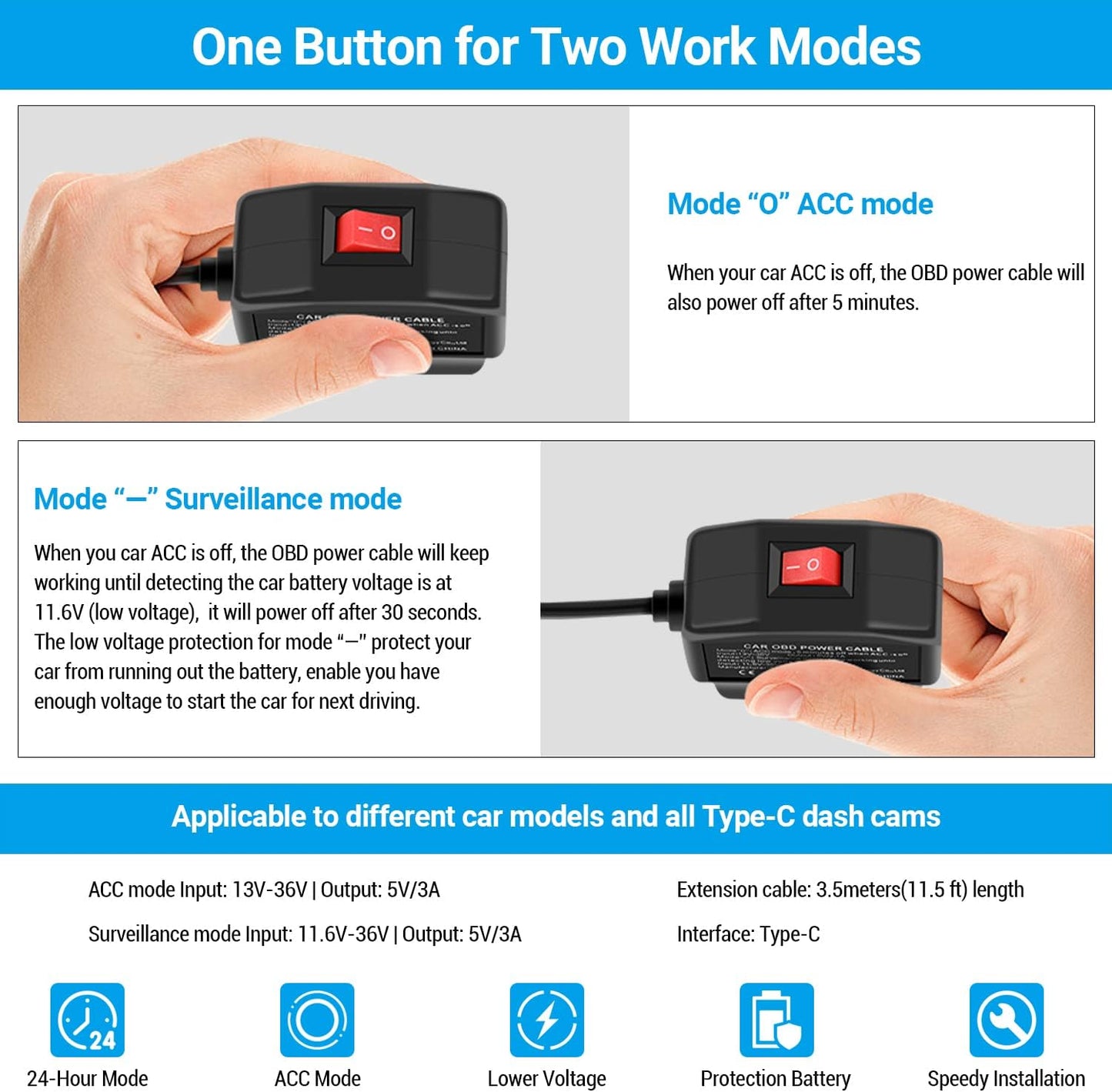 Versatile OBD2 to Type-C USB Power Cable for Dash Cams - 160W, Dual Mode, Low Voltage Protection