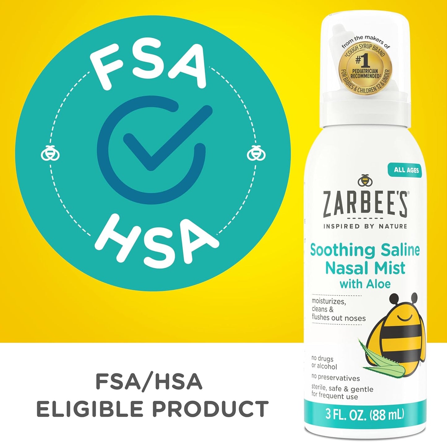 Zarbee's Baby Nasal Saline Spray with Aloe for Newborns & Kids, Soothes & Cleanses, 3 Fl Oz